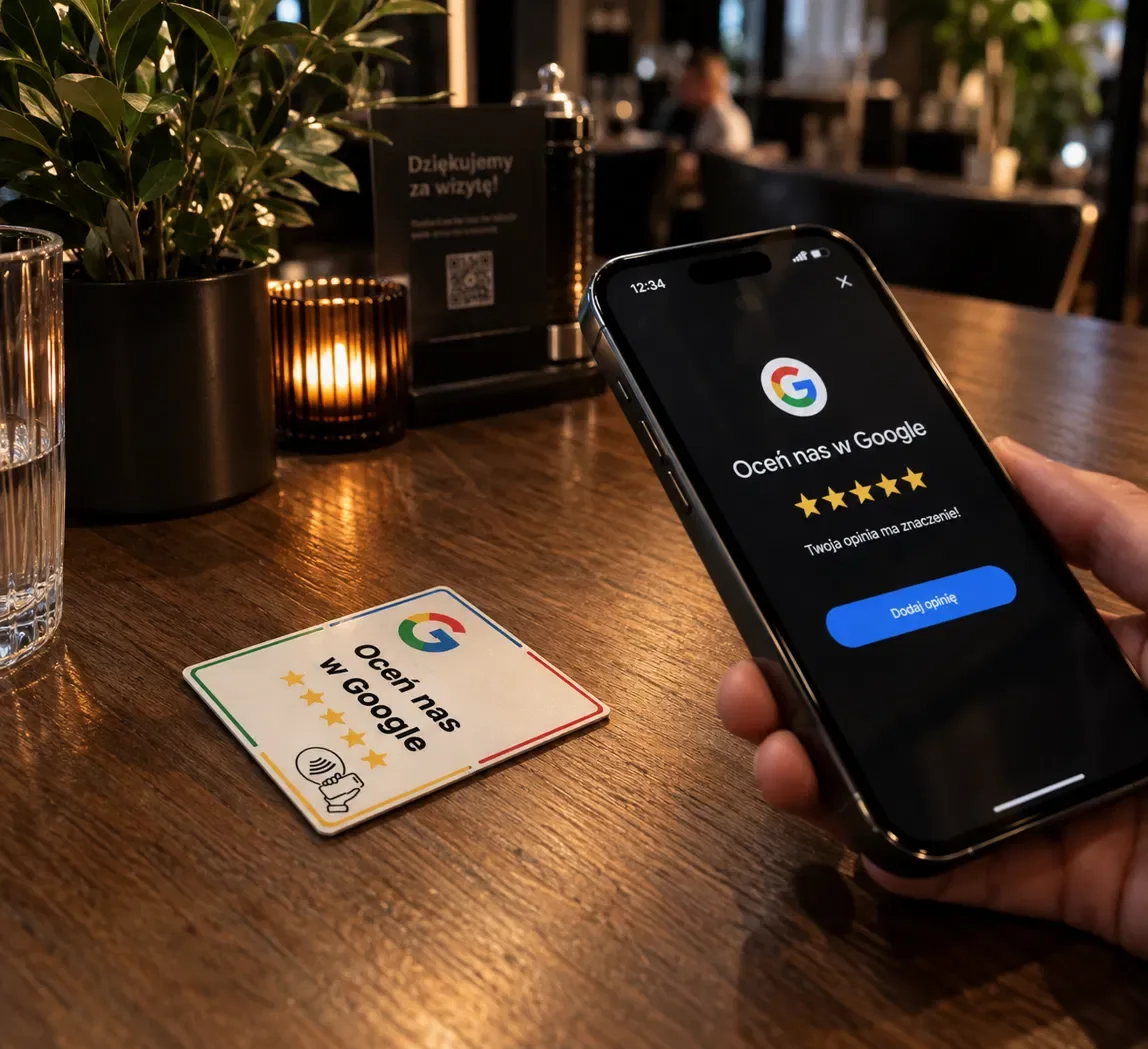 Karta Oceń nas w Google na stoliku w restauracji i telefon z ekranem do wystawienia opinii