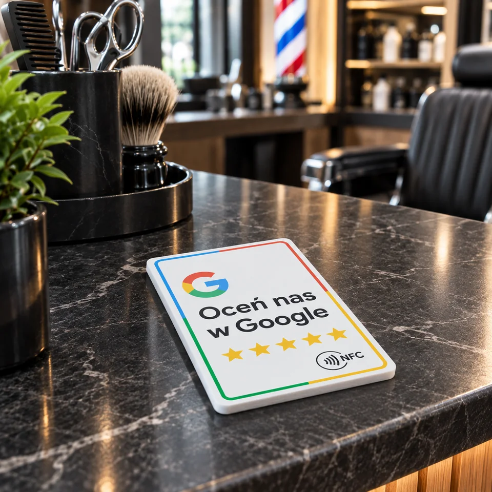 Karta Oceń nas w Google na ladzie w salonie barberskim