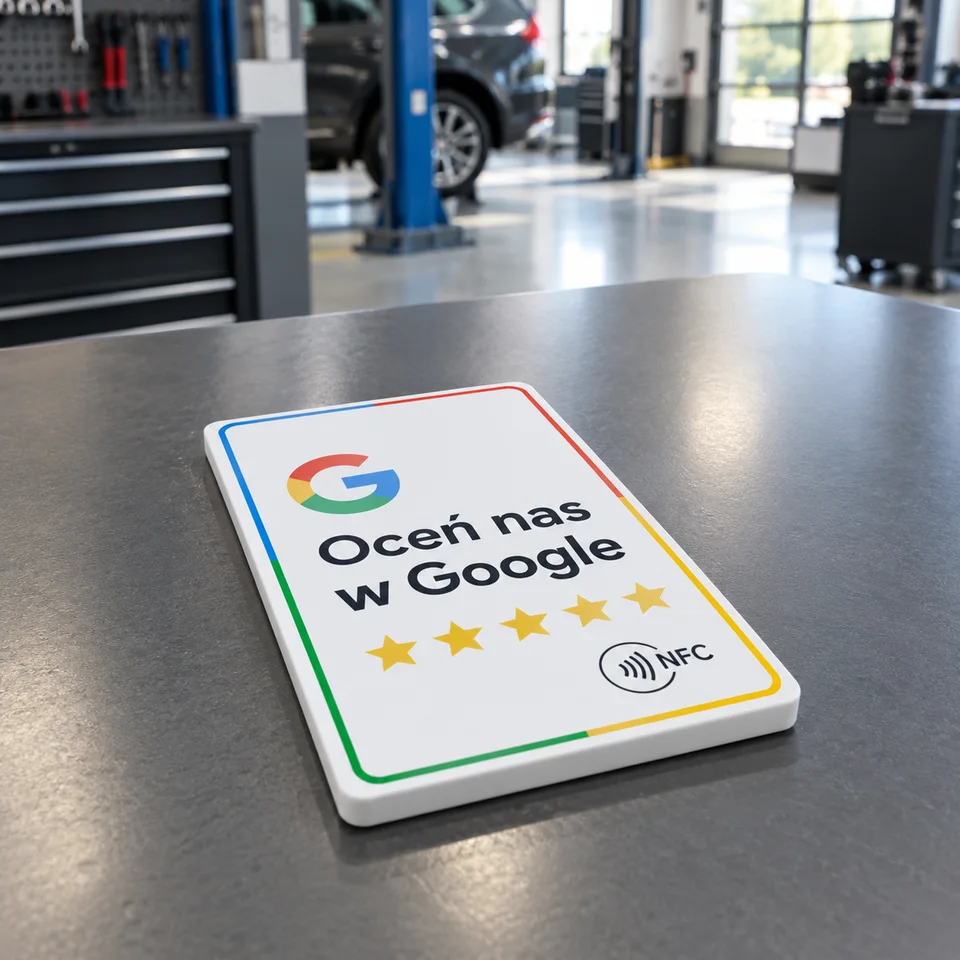Karta Oceń nas w Google na ladzie w warsztacie samochodowym